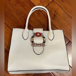 Elegant White Tote Bag with Embellished Buckle